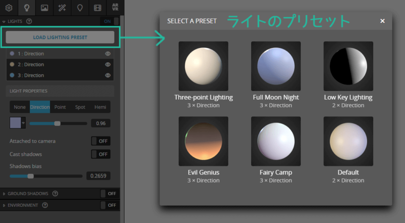 Sketchfab Light placement can also be selected from presets