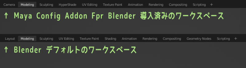 Maya Config Addon For Blender導入済みのワークスペースとBlenderデフォルトワークスペースのちがい