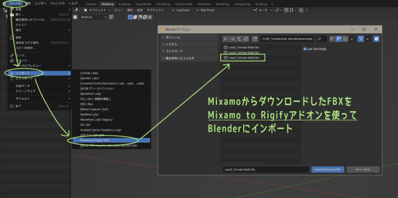 Mixamo to Rigifyアドオンを導入しているとBlenderのインポートメニューに項目が追加される